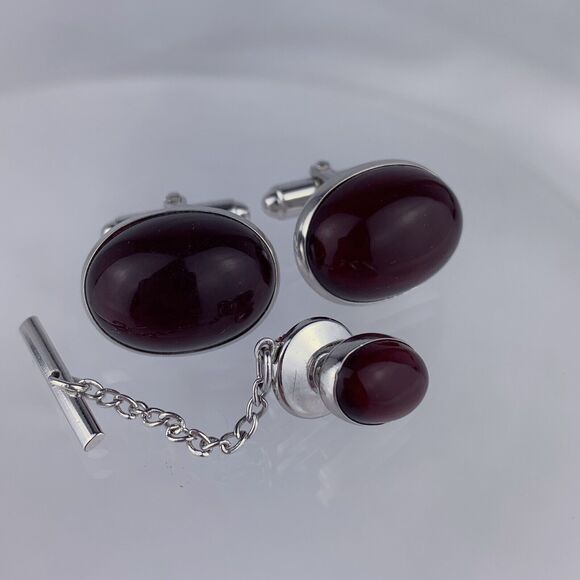 Anson Other - Red Cabochon Silver Tone Cufflinks Tie Pin Acrylic Oval Anson Vintage
